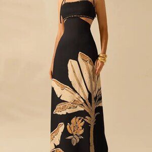 Black Beige Floral Tube Bralette Cut Out Maxi Dress L/XL